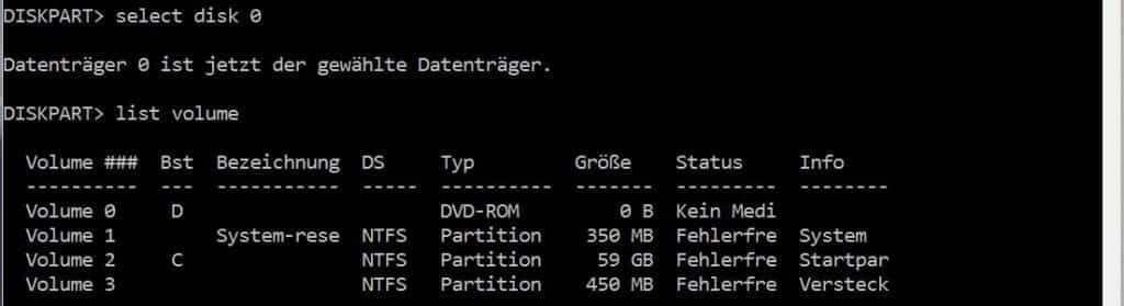 Mit diskpart Partition erstellen – so wird es gemacht! 15 Auflisten der Volumes auf Datenträger 0