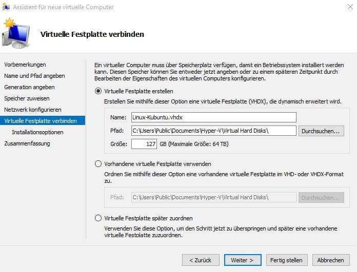 In Hyper-V eine virtuelle Maschine erstellen 19 Windows 10: Hyper-V: virtuelle Festplatte konfigurieren