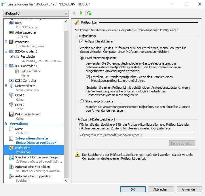 Das sind die wichtigsten Hyper-V Einstellungen 20 Windows 10 - Hyper-V Manager- Einstellungen: Prüfpunkte
