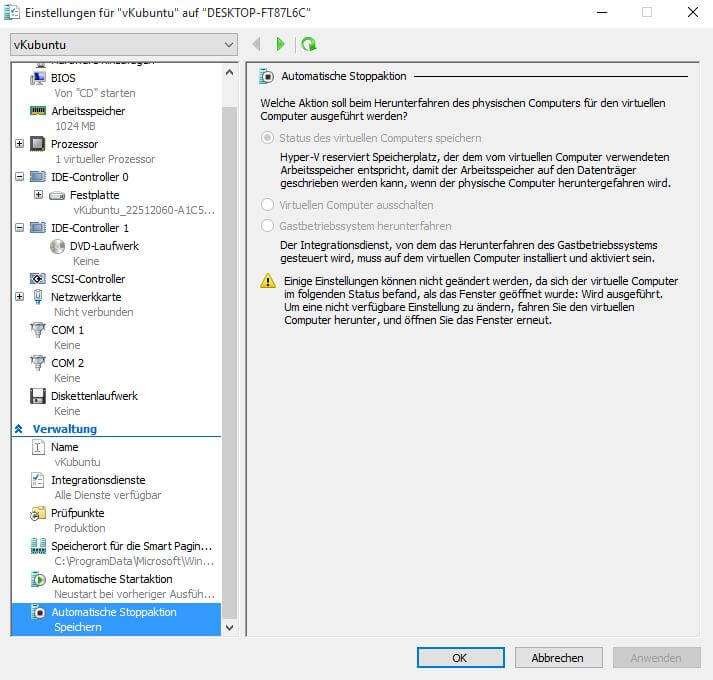 Das sind die wichtigsten Hyper-V Einstellungen 23 Windows 10 - Hyper-V Manager Einstellungen: Stoppaktion