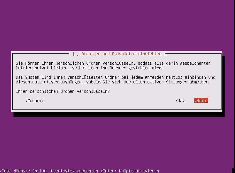 Installation des Linux Ubuntu Server, als Rootserver - Teil 1 der Artikelserie 17 Rootserver: Ubuntu Server Installation: Homeverzeichnis des neuen Benutzers verschlüsseln
