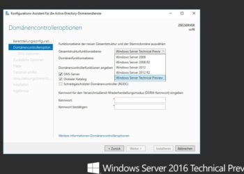 Auswahl der verschiedenen Domänen- und Gesamtstrukturfunktionsebenen im Server 2016