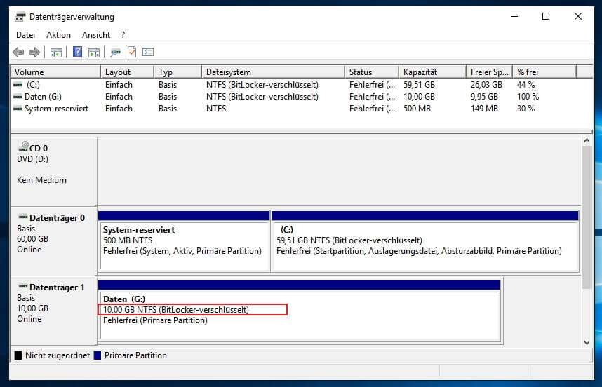 Festplatte mit BitLocker und der PowerShell verschlüsseln 14 Festplatte mit der Windows PowerShell verschlüsseln: Anzeige in der Datenträgerverwaltung