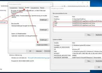 Windows 10 temporäre Verzeichnisse leeren: Anzeige der Umgebungsvariablen