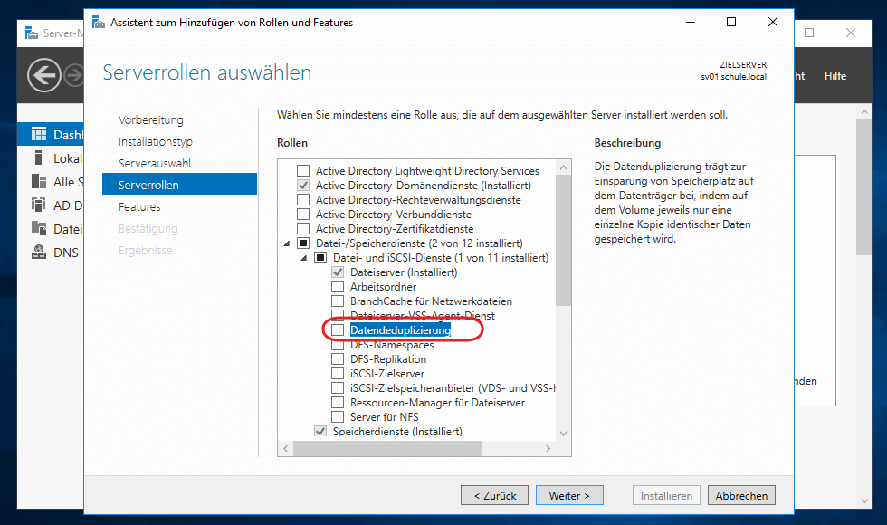 Deduplizierung mit ddpeval.exe am Server konfigurieren 12 Server 2016 - Installation der Deduplizierung um Speicherplatz zu sparen