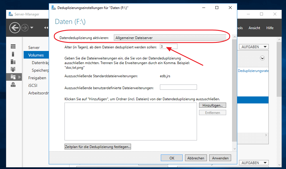 Deduplizierung mit ddpeval.exe am Server konfigurieren 14 Server 2016 - Installation der Deduplizierung: Art der Deduplizierung