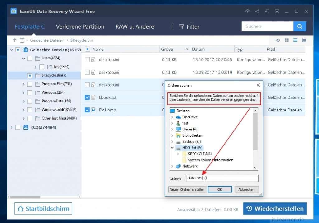 Soll lassen sich Daten mit EaseUS Data Recovery Wizard Free wiederherstellen 9 EaseUS Data Recovery Wizard - Gelöschte Dateien aus dem Papierkorb wiederherstellen