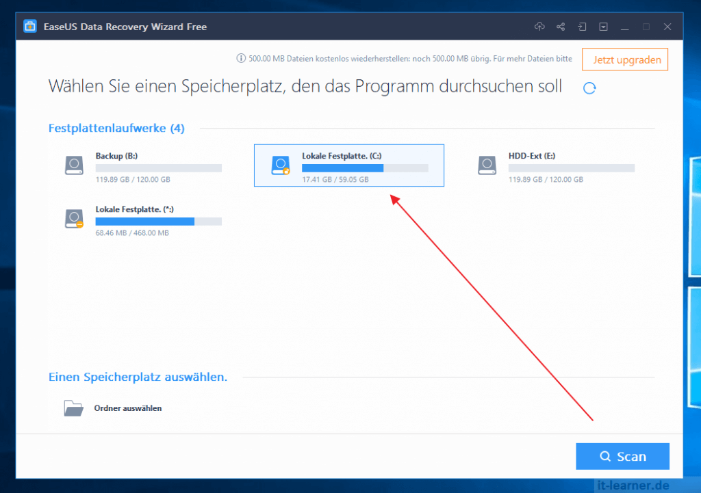 Soll lassen sich Daten mit EaseUS Data Recovery Wizard Free wiederherstellen 6 EaseUS Data Recovery Wizard - Die lokale C:\ Festplatte Scannen