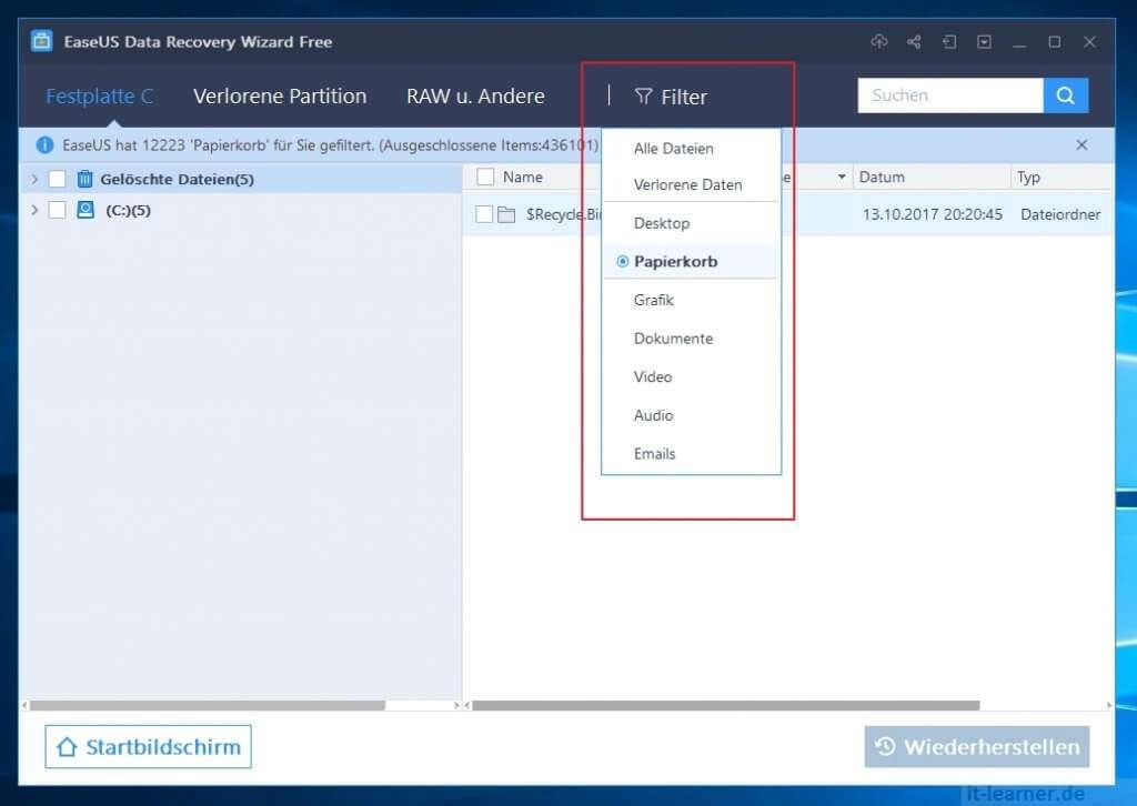 Soll lassen sich Daten mit EaseUS Data Recovery Wizard Free wiederherstellen 11 EaseUS Data Recovery Wizard - Filter zum Auffinden gelöschter Dateien