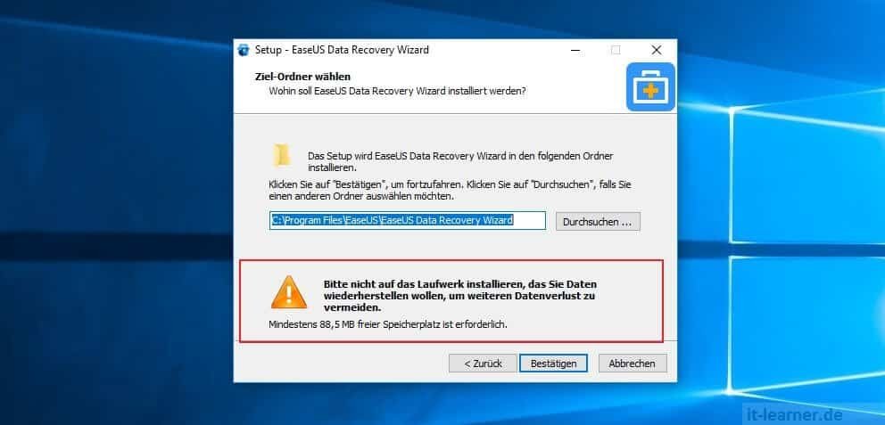 Soll lassen sich Daten mit EaseUS Data Recovery Wizard Free wiederherstellen 5 EaseUS Data Recovery Wizard - Die Installation