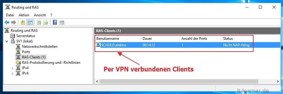 Einen VPN Server Windows installieren und einrichten 23 Installation und Konfiguration eines VPN Server unter Windows Server 2016: Verbundene VPN Clients anzeigen
