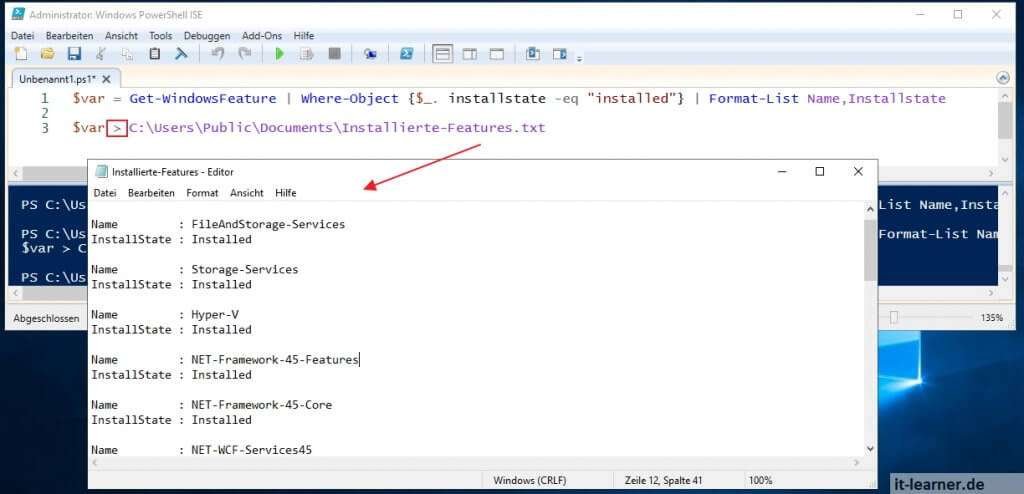 Alle Windows Server Rollen mit der PowerShell anzeigen. 14 Auf dem Windows Server 2019 mit Hilfe der PowerShell alle verfügbaren Rollen und Features auflisten und in eine Textdatei speichern