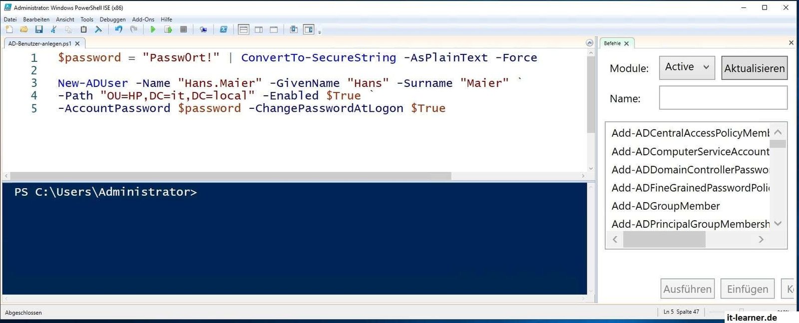 Active Directory Benutzer über das Active Directory Verwaltungscenter anlegen 9 So kannst du mit new-aduser einen neuen Benutzer anlegen