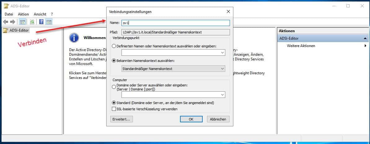 Per ADSI Editor Objekte in der Active Directory verwalten