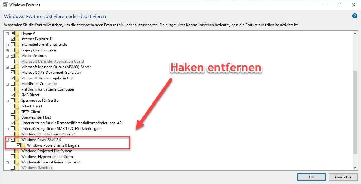 Mehr Sicherheit Windows PowerShell 2.0 deinstallieren