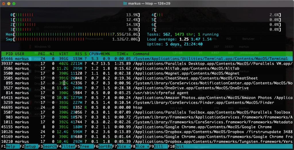 7 Befehle zur Abfrage von Linux Systeminformationen 13 Linux Systeminformationen abfragen mit htop