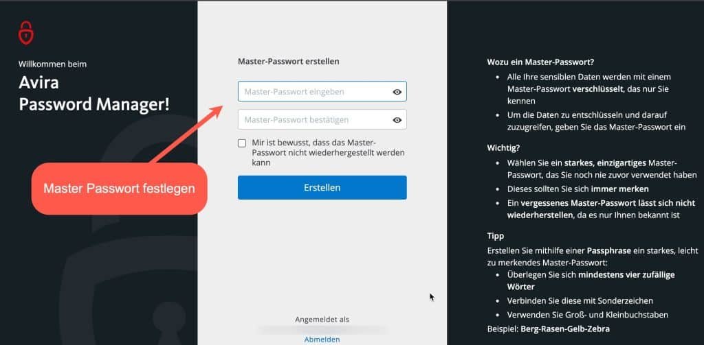 Ein einfacher Passwortgenerator Online kostenlos 17 Avira Passwort Manager Masterpasswort festlegen 2