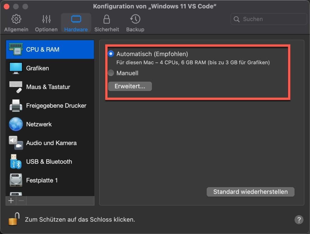 Beste Methode zum Windows auf Mac m2 installieren 19 Parallels Desktop Erweiterte Einstellungen Prozessor