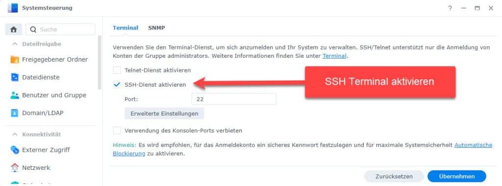 Wie kann man eine Synology NAS neu starten? 15 SSH-Terminal in Synology Diskstation aktivieren
