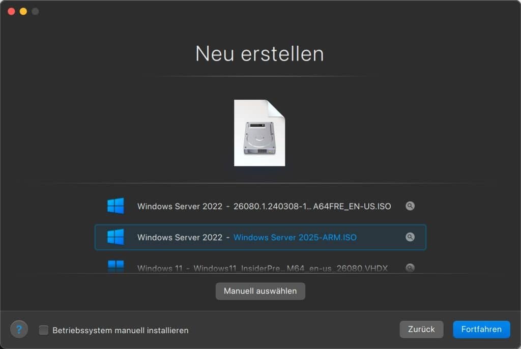 Windows Server 2025 auf MacBook installieren 18 Windows Server 2025 auf MacBook installieren - ISO wählen
