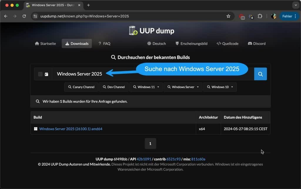 Windows Server 2025 auf MacBook installieren 12 Windows Server 2025 auf MacBook installieren - UUP Dump Server wählen