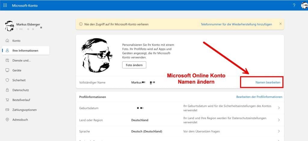 Microsoft Online Konto Namen ändern