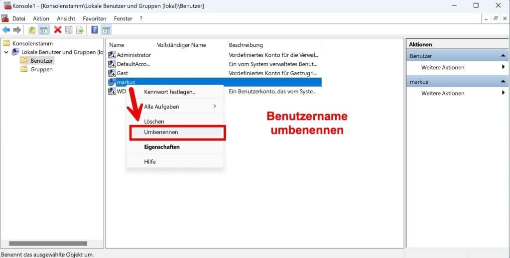 Windows 11 mmc Benutzername umbenennen
