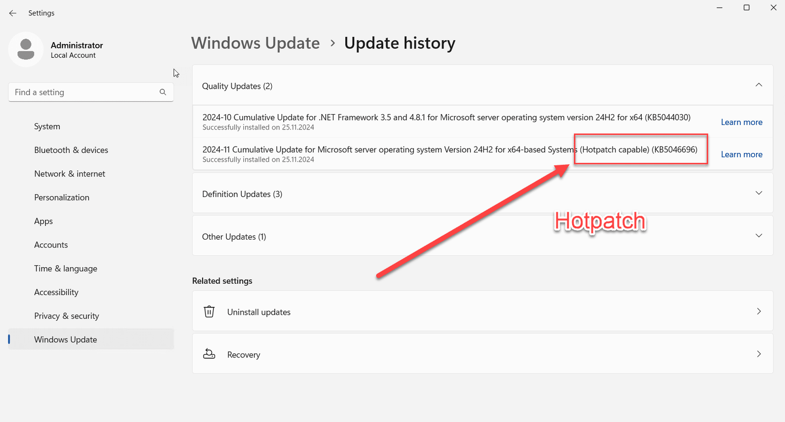 Konfiguration von Hotpatching in Windows Server 2025 19 Status Hotpatching in Windows Server 2025 On Premise