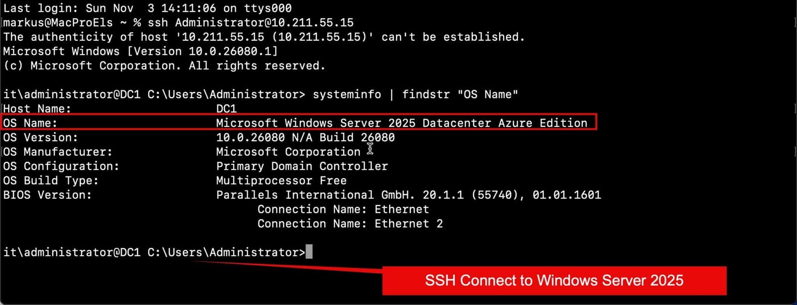 Windows Server 2025 über SSH administrieren 19 Windows Server 2025 über SSH administrieren - Verbindung erfolgreich