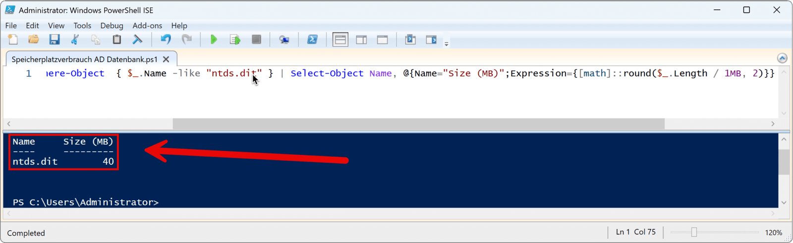 Speicherplatzverbrauch der Active Directory Datenbank überwachen. 14 Speicherplatzverbrauch der Active Directory Datenbank Script
