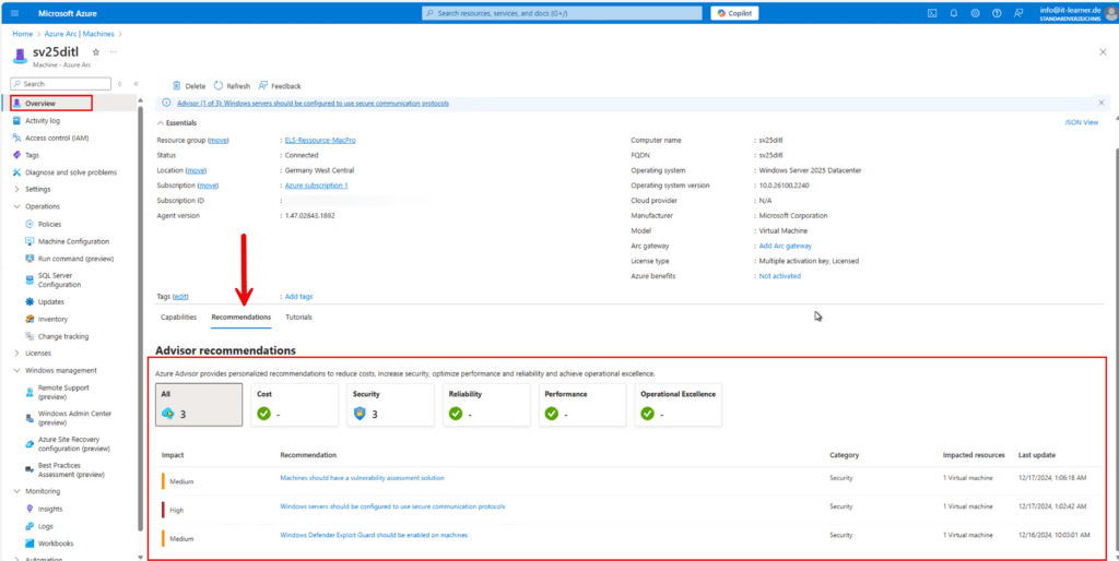 Was ist Azure Arc: Deine Brücke zwischen On-Premises und Cloud-Management 25 Was ist Azure Arc - Empfehlungen für einen bestimmten Server