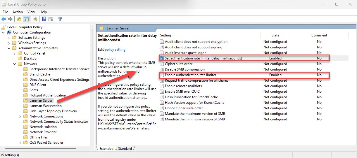 NTLM Authentifizierung am Windows Server 2025 blockieren 17 Computer Configuration > Administrative Templates > Network > Lanman Server > Enable authentication rate limiter