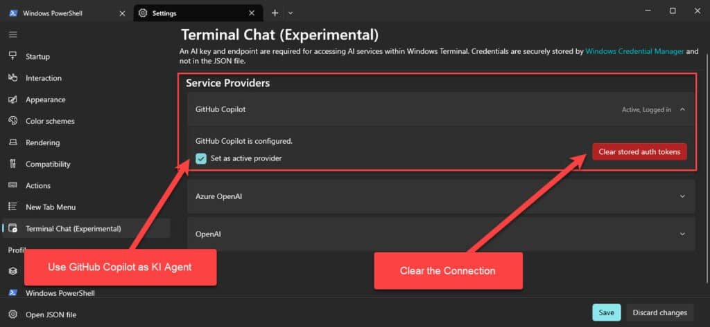 Github Copilot in der cli im Windows Terminal 13 Terminal Chat - Service Provider - GitHub Copilot Free