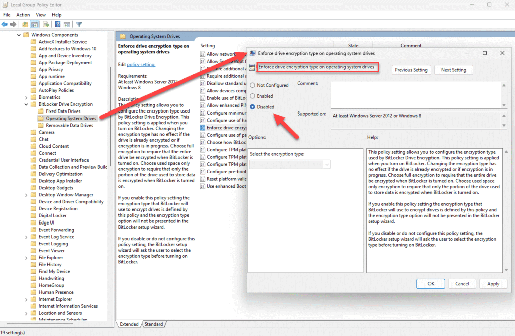 So kannst du BitLocker in Windows 11 deaktivieren: 15 Enforce driver encryption type on operating system drives - disable