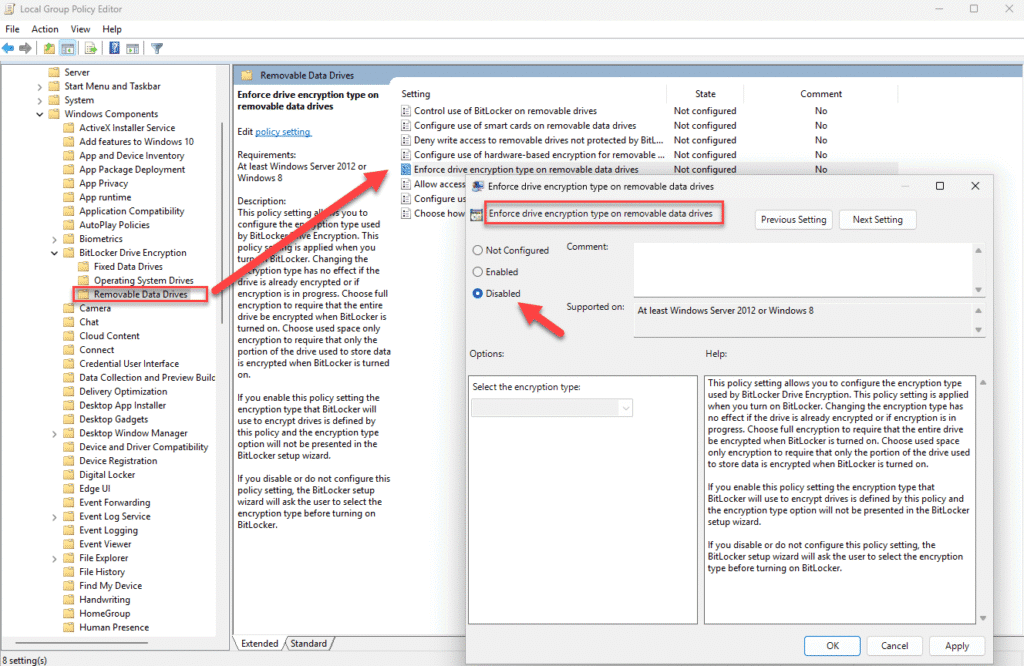 So kannst du BitLocker in Windows 11 deaktivieren: 17 Enforce driver encryption type on removable Date drives