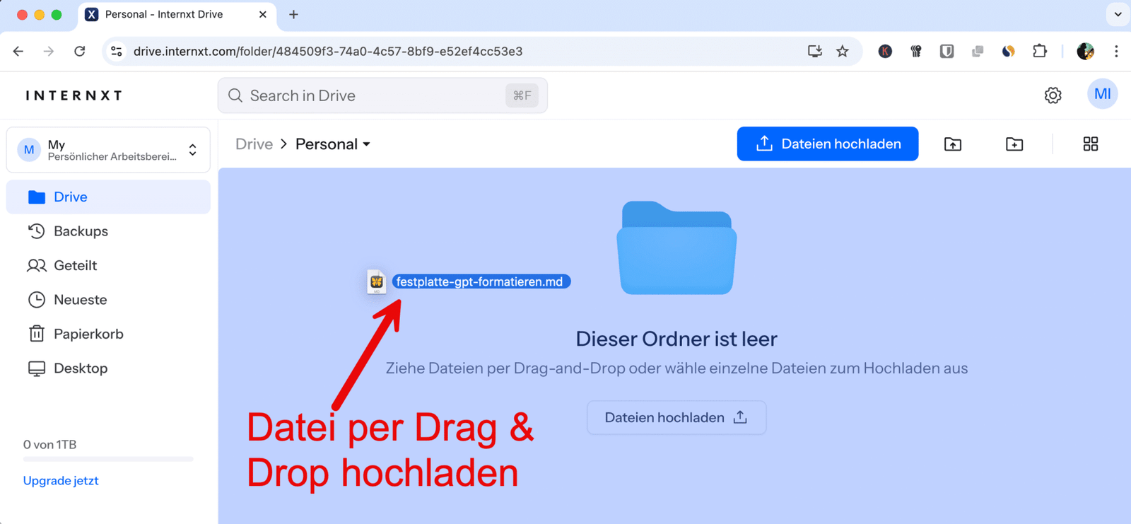 Google Drive Alternative – Einmal zahlen, lebenslang sicher: Internxt 13 Die Google Drive Alternative – Drag & Drop von Dateien