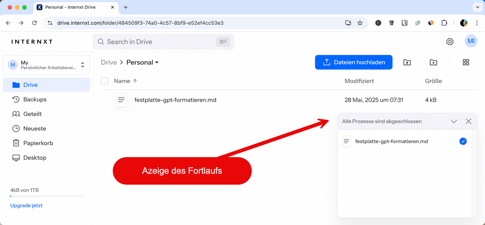 Google Drive Alternative – Einmal zahlen, lebenslang sicher: Internxt 14 Die Google Drive Alternative – Status Anzeige