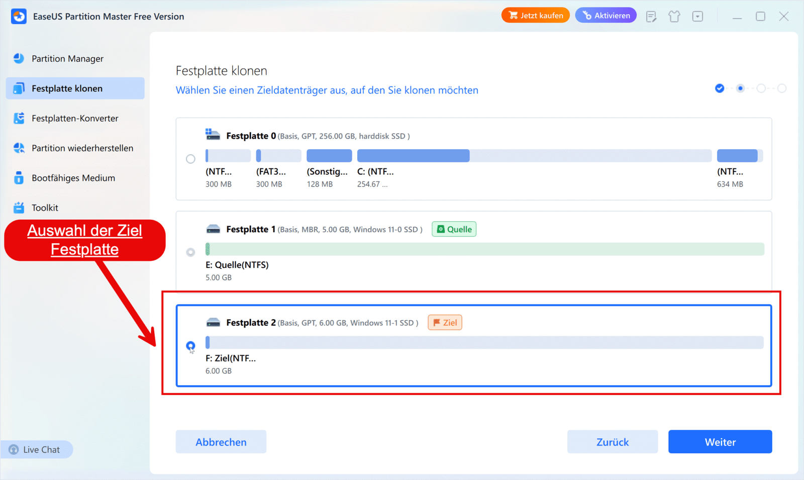 Daten sicher umziehen: So kannst du eine Festplatte kostenlos klonen 14 EaseUS Partition Manager Festplatte Klonen Ziel scaled