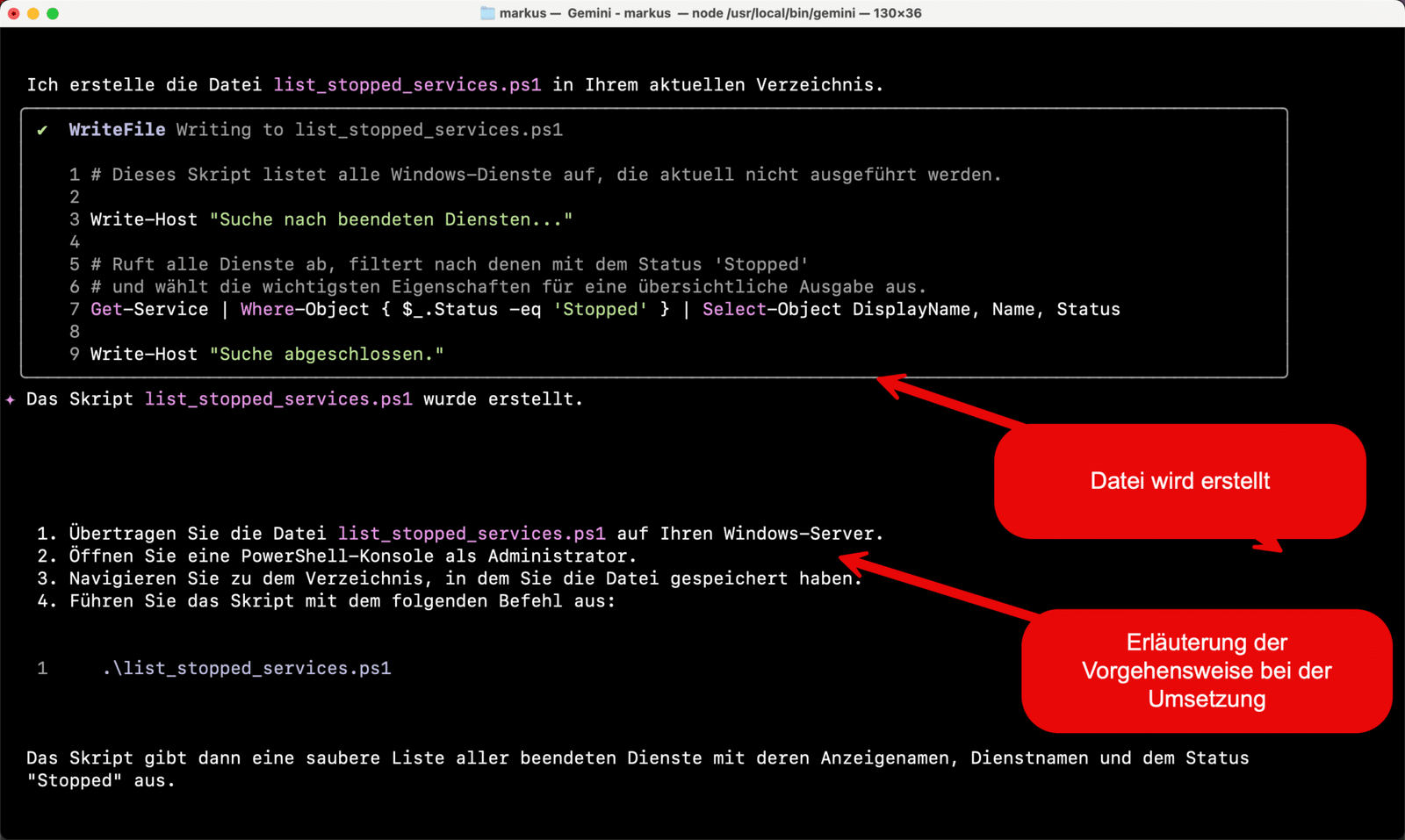 Was ist die Gemini CLI – und wie kannst du sie als IT-Administrator nutzen? 15 Gemini cli - Beispiel PowerShell Script erstellen