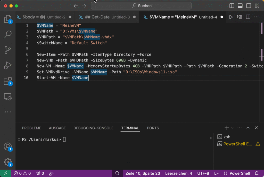 Virtuelle Maschine mit PowerShell in Hyper-V erstellen 13 Virtuelle Maschine mit PowerShell - Visual Studio Code