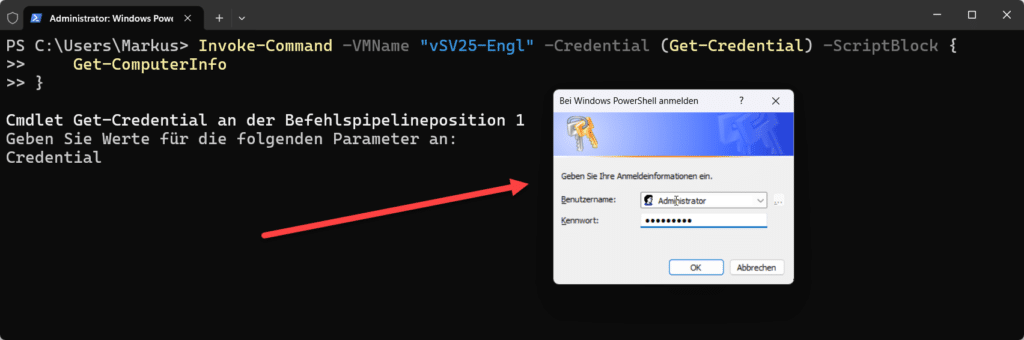Windows PowerShell Direct unter Windows Server 2025 mit Hyper-V verwenden 13 Windows PowerShell Direct - Command direkt übergeben